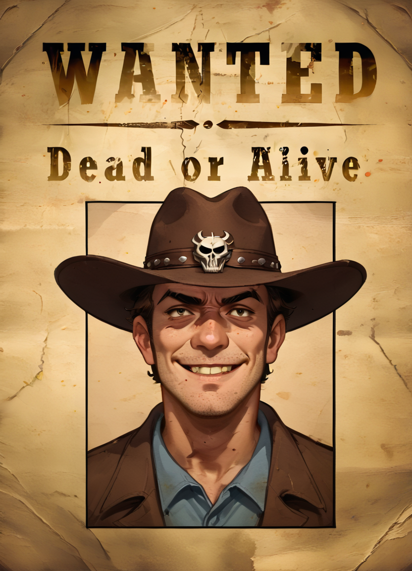 wantedposter of a man with short brown hair, cowboyhat, stubble, unshaven, grim expression, evil smile,
 <lora:Wanted-Poster:0.8>