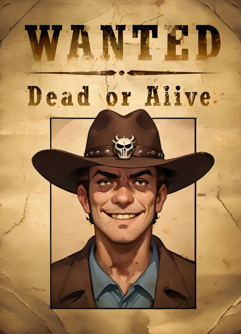 wantedposter of a man with short brown hair, cowboyhat, stubble, unshaven, grim expression, evil smile,
<lora:Wanted-Poster:0.8>