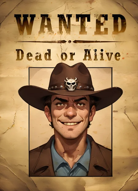 wantedposter of a man with short brown hair, cowboyhat, stubble, unshaven, grim expression, evil smile,
<lora:Wanted-Poster:0.8>
