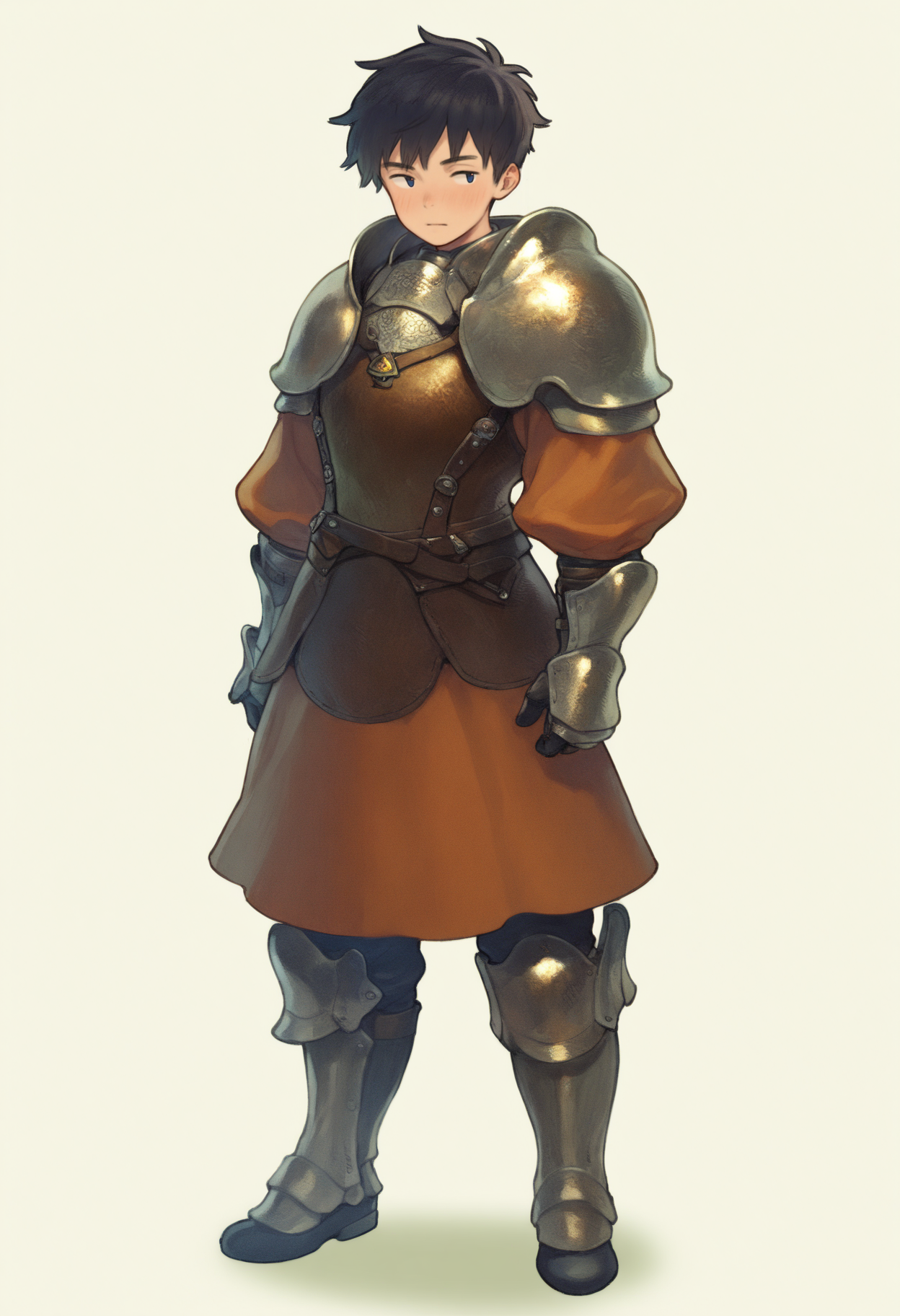 best quality, amazing quality, very aesthetic, absurdres,
1boy, warrior, black hair, short hair,
armor, boots,
full body, standing, solo, simple background, white background, <lora:MoryoNoob_byKonan:1>