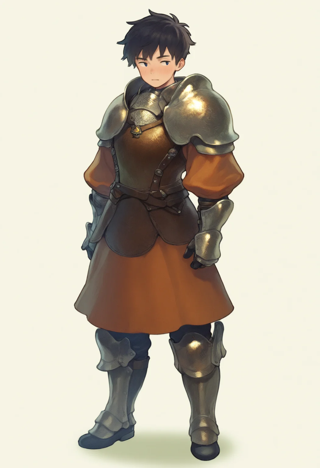 best quality, amazing quality, very aesthetic, absurdres,
1boy, warrior, black hair, short hair,
armor, boots,
full body, standing, solo, simple background, white background, <lora:MoryoNoob_byKonan:1>