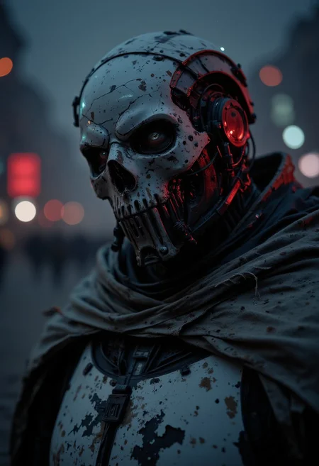 A close-up of a desolate robotic soldier, his war-torn face frozen in a moment of silence. His metal mask is cracked and corroded, its once-pristine surface now worn down by time and battle. One eye glows faintly, flickering with the last remnants of power, while the other is shattered, leaking thin arcs of electricity into the cold air. A deep scar runs across his synthetic cheek, remnants of past conflicts etched into his very being.
His breathless form is framed by the tattered remnants of his cloak, its edges frayed and interwoven with shattered circuits, barely clinging to his massive frame. The ambient glow of distant fires and glitching city lights cast deep shadows across his features, contrasting sharply with bleached red highlights that illuminate the battle-worn edges of his armor. Digital distortion lingers in the air, fractured echoes of long-lost comrades whispering through the static.
The camera lingers close—tight framing accentuates the details of his ruined form, the depth of his silent sorrow. Every tiny dent, every broken wire, every flickering light tells the story of a warrior who has outlived his war, kneeling in a moment of quiet, haunting reflection.