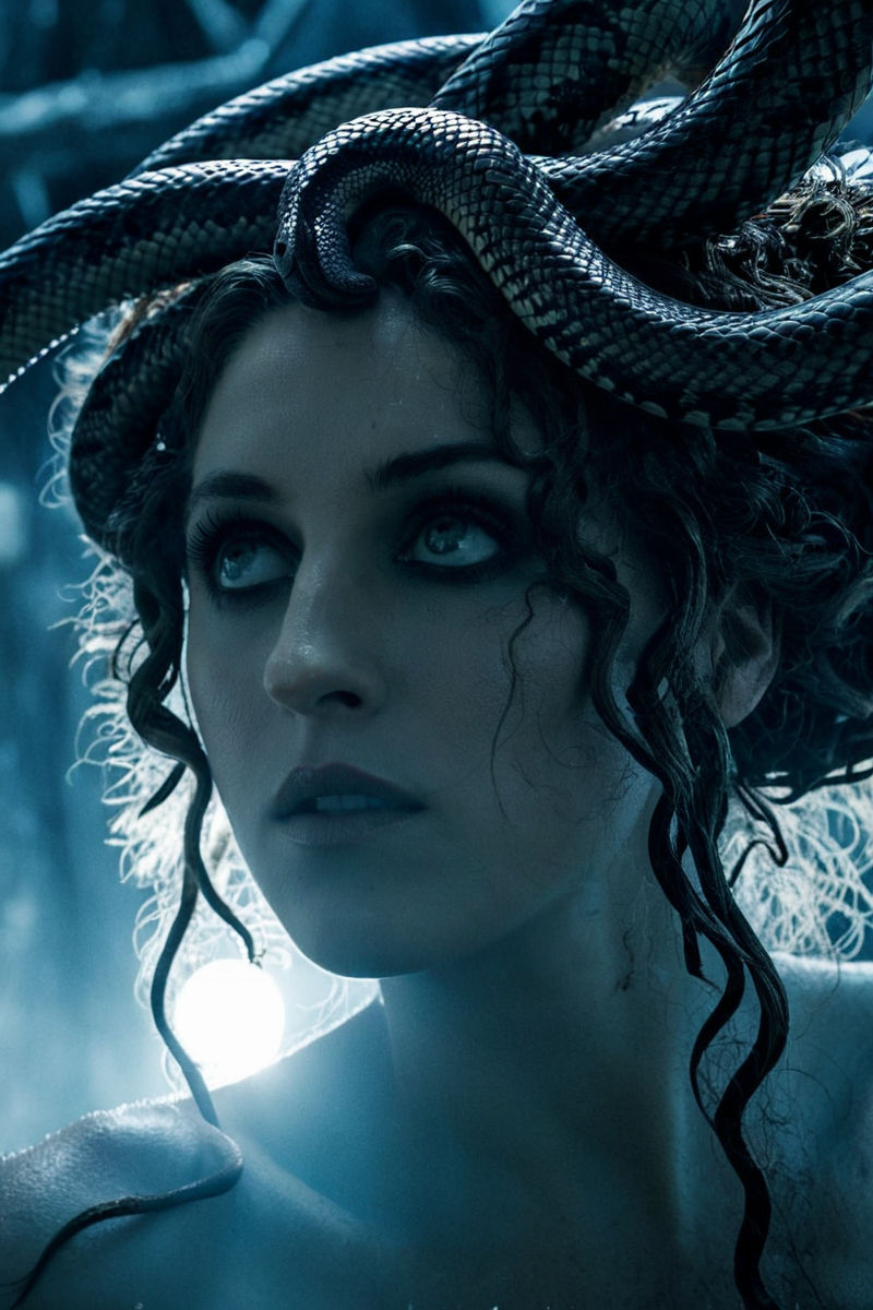 <lora:Emma_Corrin_SDXL_101:0.8> emmacorrin101 1girl up close  cinematic photo looking at viewer as Greek mythology Medusa snakes for hair , expression, , finely detailed eyes, epic scene, epic composition, Photography, Cinematic Lighting, Volumetric Lighting, ethereal light, intricate details, extremely detailed volumetric rays 35mm photograph, film, bokeh, professional, 4k, highly detailed . Appetizing, professional, culinary, high-resolution, commercial, highly detailed . Eerie, unsettling, dark, spooky, suspenseful, grim, highly detailed