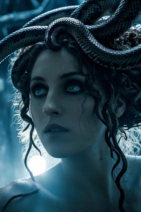 <lora:Emma_Corrin_SDXL_101:0.8> emmacorrin101 1girl up close  cinematic photo looking at viewer as Greek mythology Medusa snakes for hair , expression, , finely detailed eyes, epic scene, epic composition, Photography, Cinematic Lighting, Volumetric Lighting, ethereal light, intricate details, extremely detailed volumetric rays 35mm photograph, film, bokeh, professional, 4k, highly detailed . Appetizing, professional, culinary, high-resolution, commercial, highly detailed . Eerie, unsettling, dark, spooky, suspenseful, grim, highly detailed