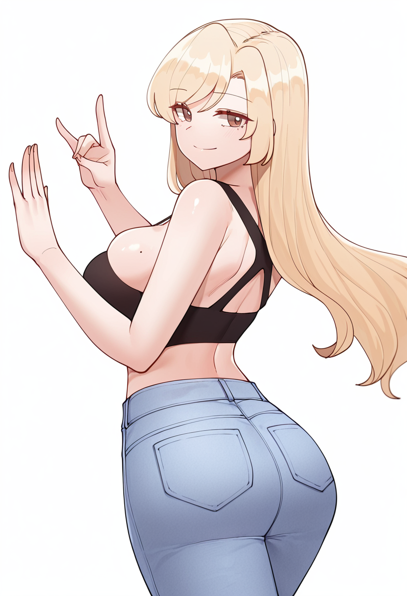 Smooth Quality,masterpiece,very intricate, high quality details, ultra realistic, high detailed skin,detailed enviorement,absurdres,
simple background, white background, dancing,skindentation, solo,from behind,vulcan salute,
 <lora:Yejin_Lim_CNR:0.8> yejin_cnr, 1girl, blonde hair, long hair, bangs, brown eyes, mole on breast, large breasts,sports bra,   ,bustier,  ,skinny jeans, ,, sad smile,, uwu,