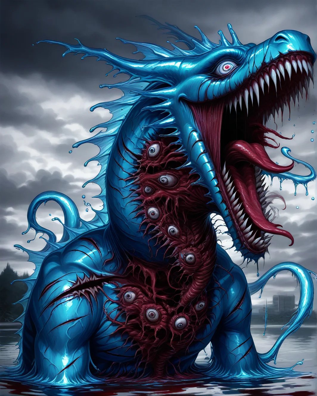 water Elemental, water elemental dragon, swirling water body, transparent, ethereal, majestic, detailed digital art, expressive eyes, roaring, cloudy sky background, magical elements,, horror, madness, bloody, abomination, sharp teeth, veins, trauma, cuts, scratches, crazy smile, <lora:se_v1_horror:1>