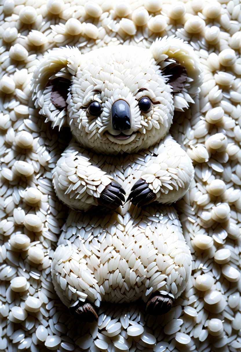 A Koala made out of rice grains. r1c3m0rph <lora:Rice_Grains_Morph:1>,