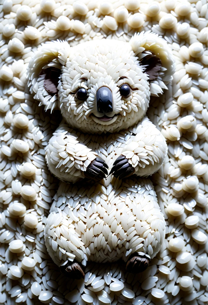 A Koala made out of rice grains. r1c3m0rph <lora:Rice_Grains_Morph:1>,