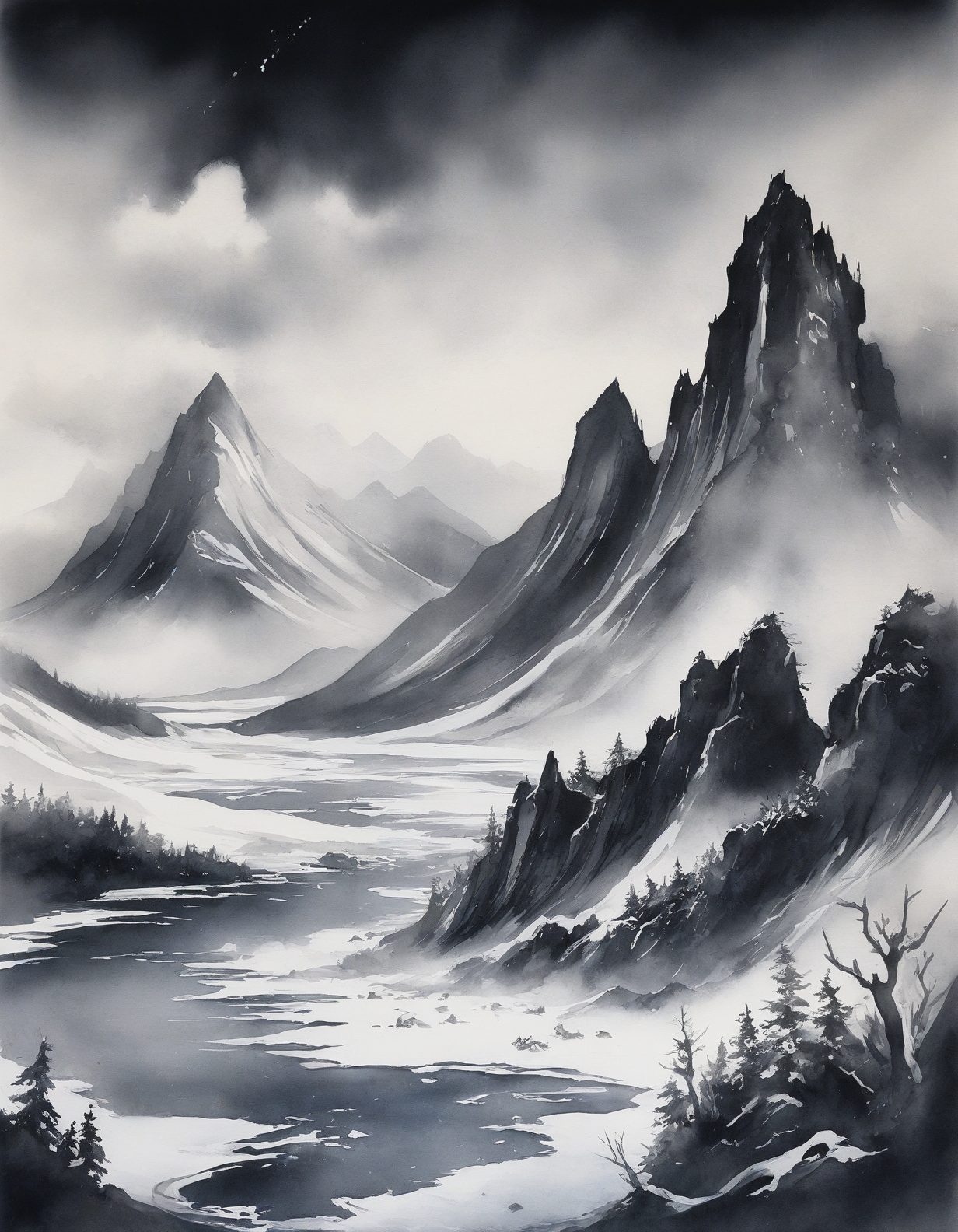 Chinese Ink Wash: (simplified brushstrokes), (monochrome gradients), (negative space), (traditional "Gou, Cun, Dian, Ran" techniques) :cite[7],
cathedral of frozen soundwaves echoing extinct languages,
Arctic tundra with permafrost patterns, 
Windy and gusty Weather,
Fractus clouds clinging to cliffs,
Polar night with aurora dominance,
Winter pine forests under snow,
 <lora:add-detail-xl:0.7>,
 <lora:DetailMaximizer:0.3>,
 <lora:brho:0.15> brho, 
<lora:Deep_depth_of_field:0.3>,
 <lora:extremely_detailed:0.8> extremely detailed,
