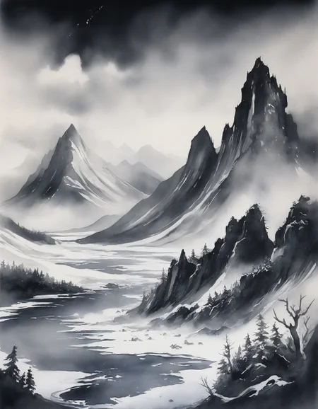 Chinese Ink Wash: (simplified brushstrokes), (monochrome gradients), (negative space), (traditional "Gou, Cun, Dian, Ran" techniques) :cite[7],
cathedral of frozen soundwaves echoing extinct languages,
Arctic tundra with permafrost patterns, 
Windy and gusty Weather,
Fractus clouds clinging to cliffs,
Polar night with aurora dominance,
Winter pine forests under snow,
 <lora:add-detail-xl:0.7>,
 <lora:DetailMaximizer:0.3>,
 <lora:brho:0.15> brho, 
<lora:Deep_depth_of_field:0.3>,
 <lora:extremely_detailed:0.8> extremely detailed,