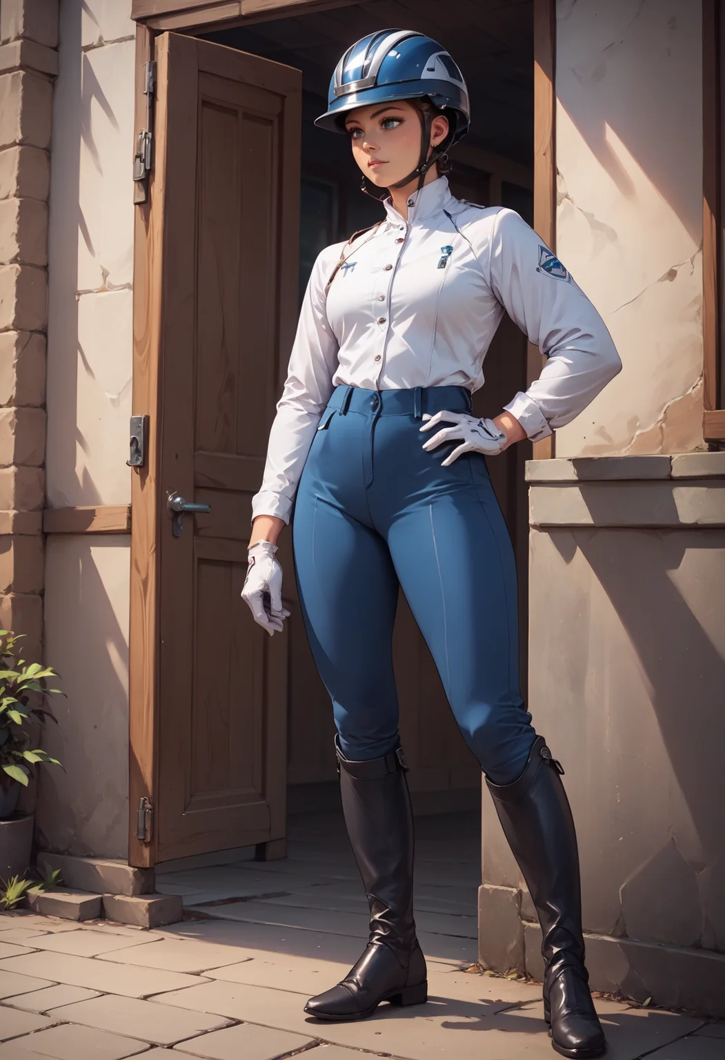 score_9, score_8_up, score_7_up, source_anime
1girl, blue pants , <lora:ridingOutfitPony:1.0>, white gloves, helmet, boots, long sleeves,