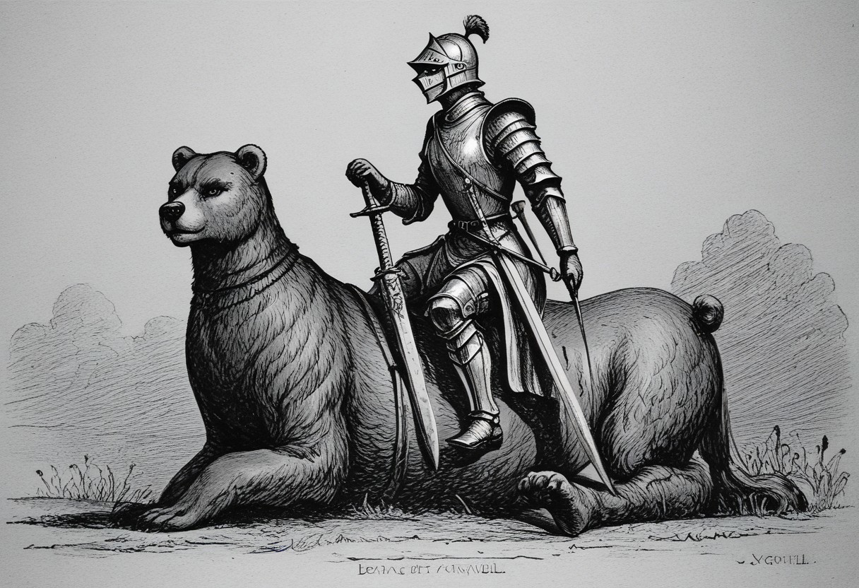 llbreton,monochrome,greyscale,traditional media,a knight holding a sword and riding a bear