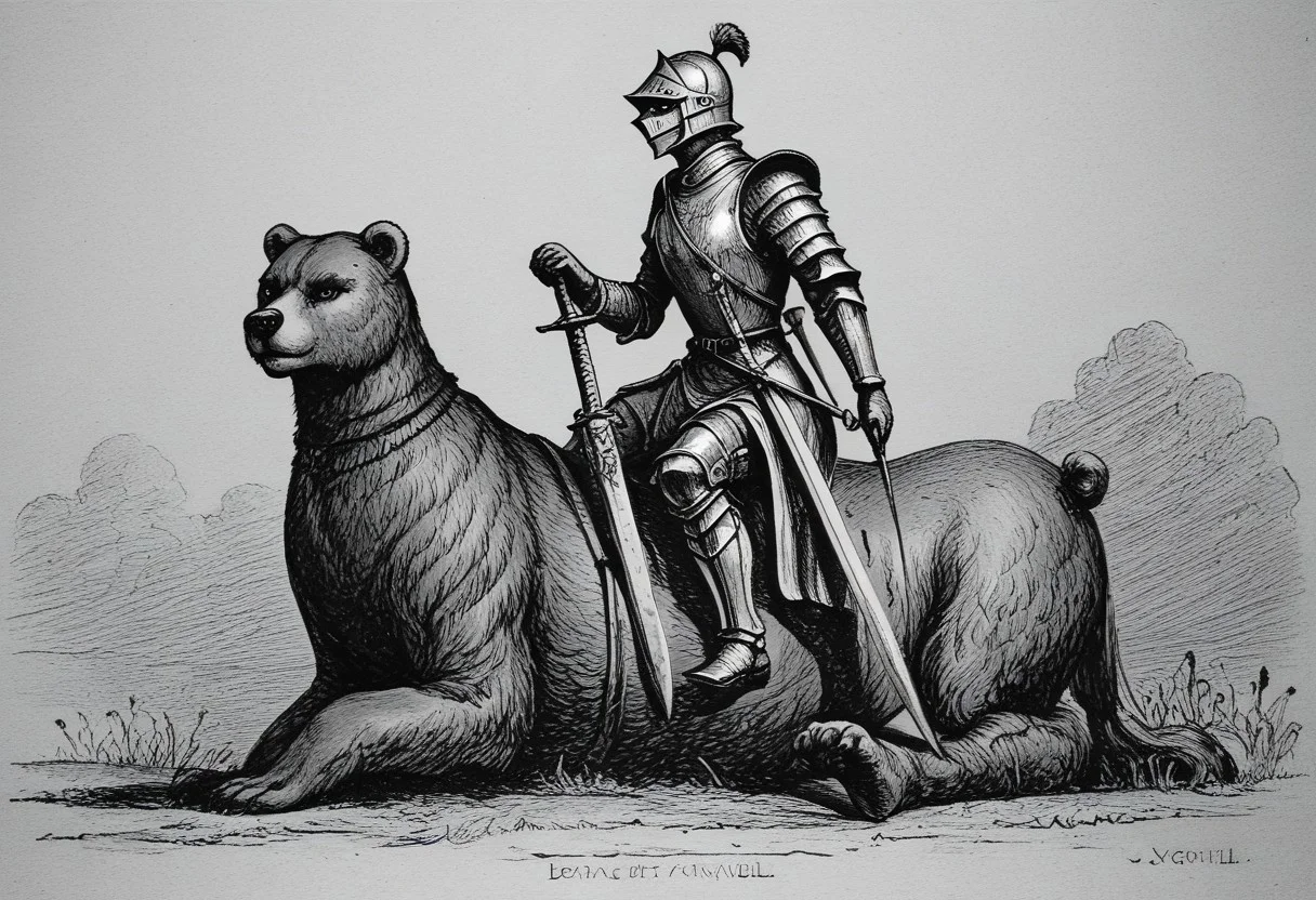 llbreton,monochrome,greyscale,traditional media,a knight holding a sword and riding a bear
