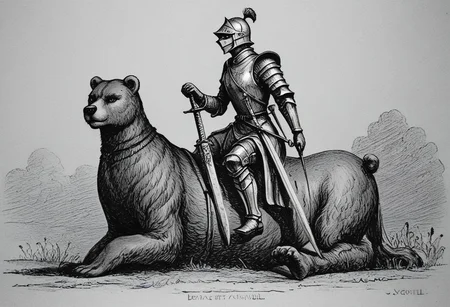 llbreton,monochrome,greyscale,traditional media,a knight holding a sword and riding a bear