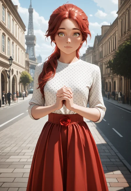 masterpiece, best quality, amazing quality, 1girl, <lora:maelle_illustrious:1>, ma3ll3,
white shirt, polka dot, long red skirt, cute, paris, street, cute, own hands clasped, rose, holding