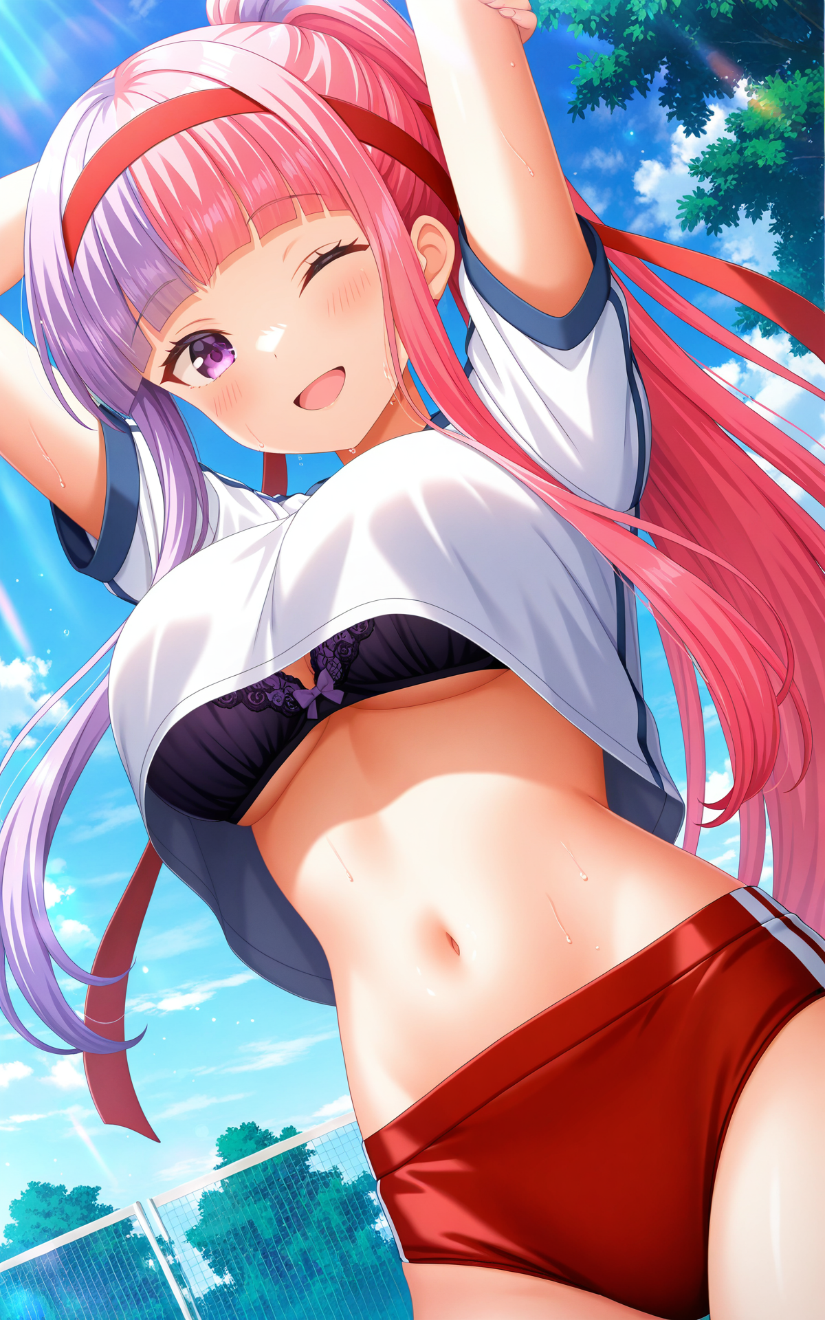 masterpiece, best quality, good quality, newest,4k, perfect lighting, cinematic, very aesthetic, official art, anime screencap, anime coloring,blue sky,sunlight,
1girl,solo,hina nigaki,multicolored hair,two-tone hair,split-color hair,purple hair,pink hair,blunt bangs, purple eyes,
ponytail,red headband,ribbon,gym uniform,white shirt,short sleeves,red buruma,bra,underboob,midriff,
looking at viewer,smile,one eye closed,open mouth,arms up,stretching arms,leaning back,from below,BREAK
 <lora:ILhina:0.9>