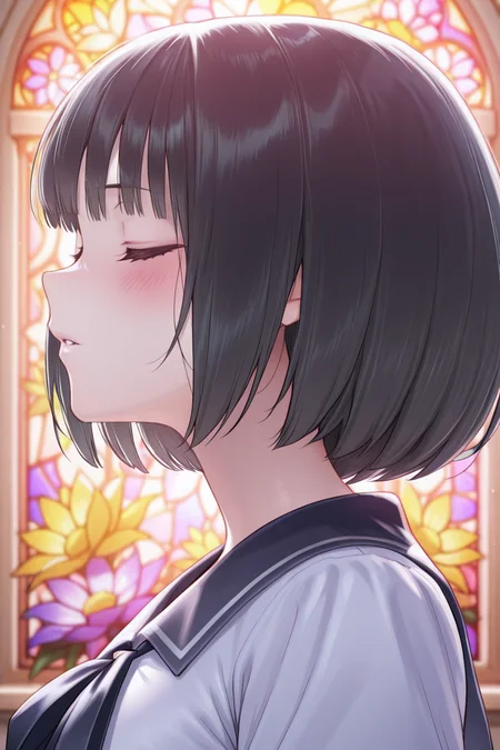 masterpiece, best quality, amazing quality,
<lora:Uta_IL:1> uta, solo, 1girl, closed eyes, short hair, stained glass, bob cut, parted lips, from side, portrait, flower, black hair, school uniform, profile, blush, bangs