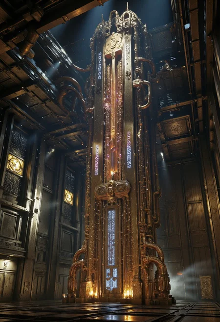 Inside a dim, industrial SCP Foundation containment chamber stands a towering, organic-mechanical structure — SCP-003, known as the "biological motherboard." Its surface is a fusion of pulsing organic mass and high-tech components, rising like a grotesque monument.
The structure is covered in thick, writhing tentacles that extend outward, some coiling around metallic support beams, others merging with the floor and surrounding data consoles. Across its body are etched glowing anomalous runes, softly flickering with pale blue and violet light, shifting patterns as if alive.
Numerous cables and fiber-optic wires connect the entity to wall-mounted SCP monitoring equipment. Along its surface, small arcs of electricity leap intermittently between implants and interface nodes, generating brief flashes of white and blue light that illuminate the containment chamber.
Steam rises from cooling vents, and warning lights flicker in the background. Around the base of the entity are sensor pylons, control panels, and half-dismantled equipment scorched by previous overloads. The entire environment radiates tension, mystery, and latent power, as if the machine is sentient and evolving.
The tone is dark and biomechanical, blending alien intelligence, arcane design, and advanced SCP technology, rendered in cinematic detail with rich textures and volumetric lighting, (Neon Mecha-Horror Style, In REME's Charnel Mechanica style,)