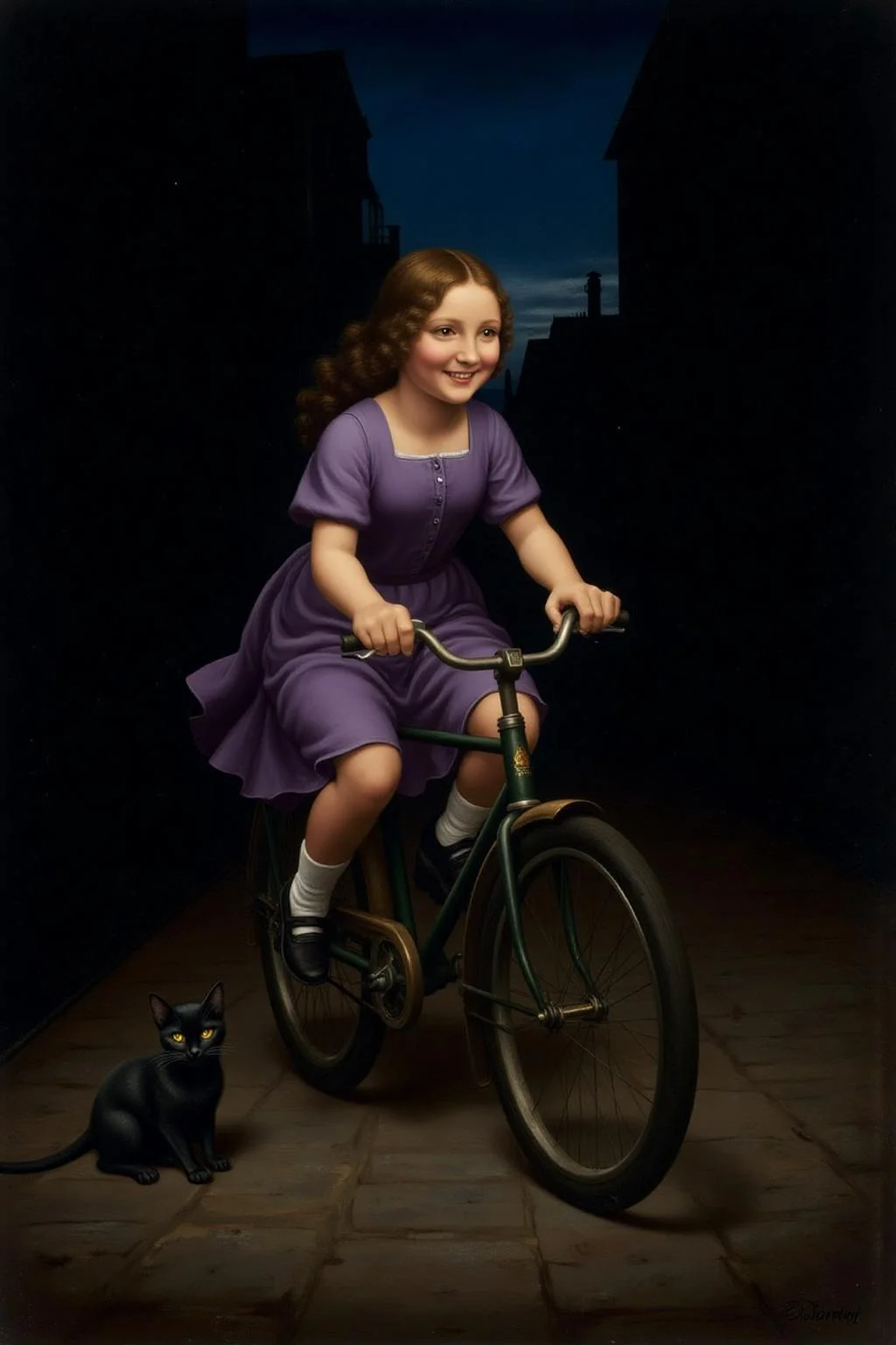 davinci1 painting.
A school girl riding a old style bicycle through a narrow, quiet street at night. The happy woman wears a simple, flowing purple dress. In the corner, a small black cat with piercing eyes sits watching her quietly. The mood is tranquil and slightly magical. <lora:davinci1_cap_d6a3e12:1.0><lora:852109233557094900:0>