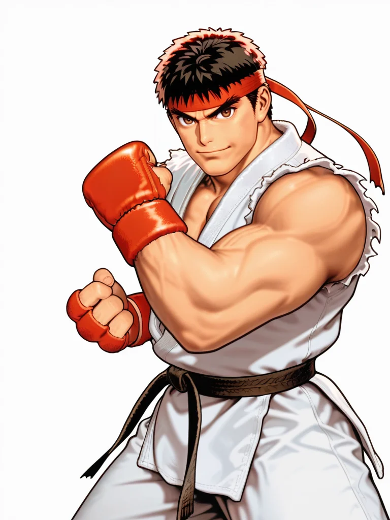 ShinkiroXL,, white background,,
1boy, (ryu:1.1), fighting stance, light smile,,
white background, looking at viewer, dynamic pose, cowboy shot,
<lora:AShinkiro_Style:1>