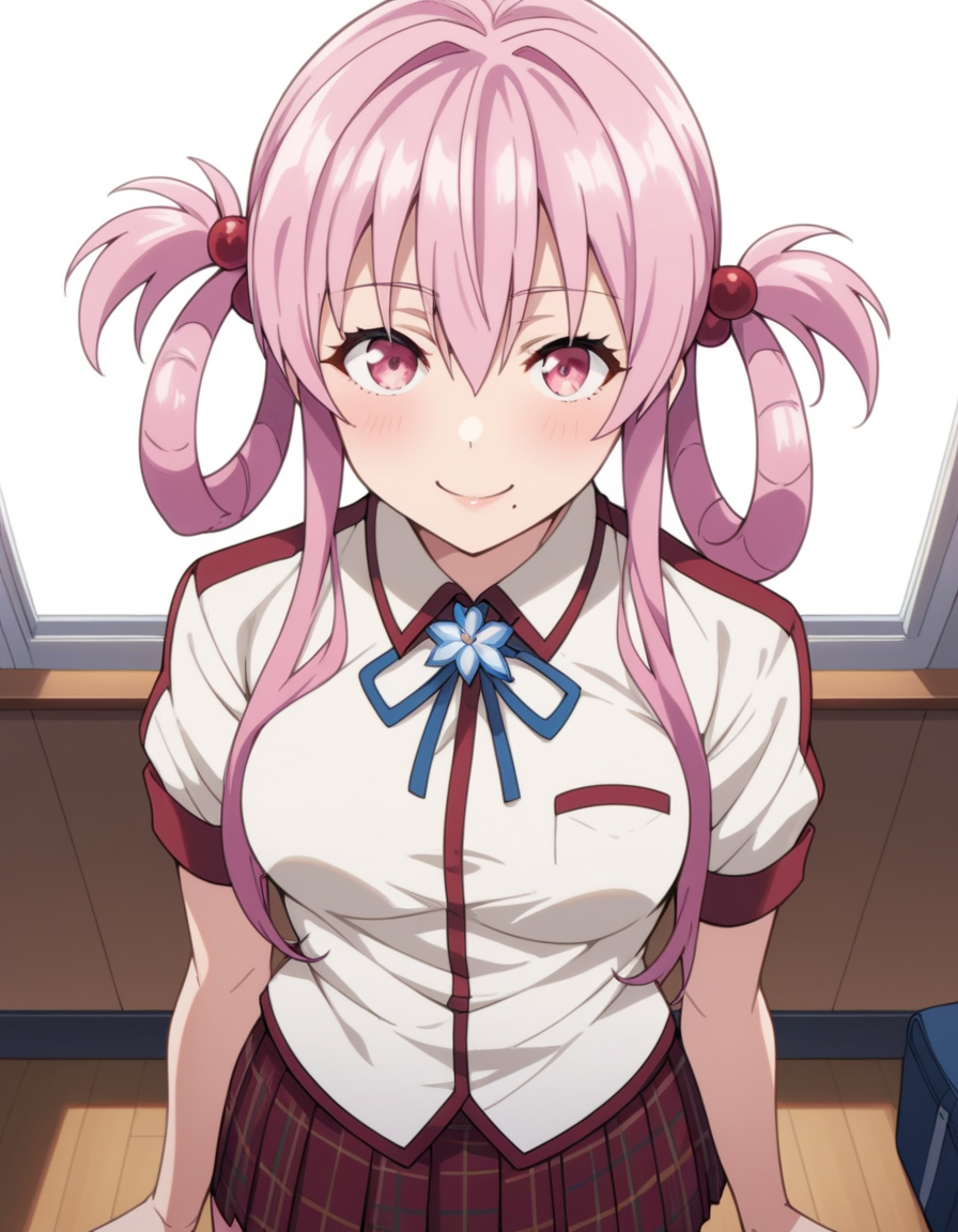score_9, score_8_up, score_7_up, source_anime, uncensored, <lora:StS_detail_slider_v1:3>, zPDXLxxx, <lora:Momo_Sakurabara_PONYXL_VexVexX:1>, MomoSakurabara, 1girl, pink eyes, pink hair, twintails, hair rings, sidelocks, hair bobbles, hair ornament, bangs, mole under mouth, medium breasts, school uniform, ribbon, plaid skirt, pleated skirt, cowboy shot, indoors, from above, Take confident strides while maintaining good posture and a relaxed but purposeful expression, thighs, looking at viewer, smile,