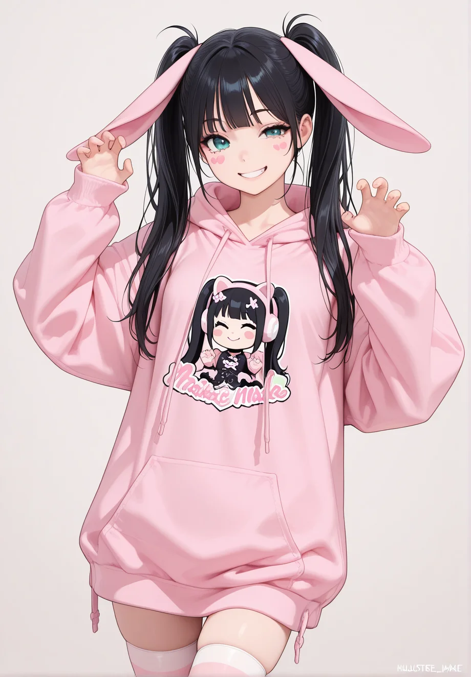 masterpiece,best quality,amazing quality,1 girl ,adorable pose,playful wink,street <lora:Adorable_fashion_illust:1> adorable fashion,oversized hoodie with ears,thighhighs, face stickers, kawaii make_up, 1 girl ,double ponytail , bangs ,black hair,aqua eyes,small breasts