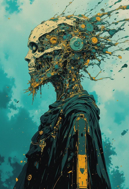 style of James C. Christensen, Ethereal minimalist Alien race cybergoth fashion photography painting, in the style of teal and gold, use of palette knives, waist-high portrait, intricate, sharp_focus, concept_art, background zentangle fog,
