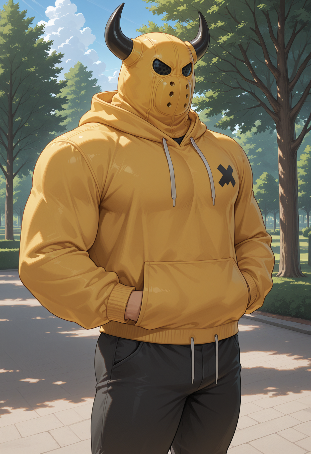 solo, male focus, yellow mask, fake horns, muscular, hoodie, hand in pocket, pants, outside, park, tree, sunny, clouds,
perfect anatomy, masterpiece, perfect quality, best quality, detailed, newest, very aesthetic
<lora:Illustrious\Thug_DragonQuest_V1_ILXL:0.8>