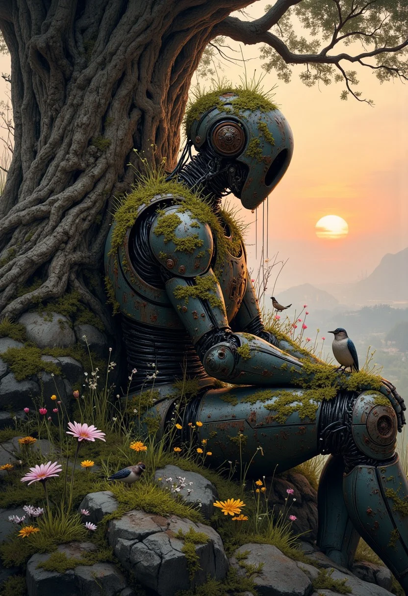 moody, smooth and dramatic oil painting of a rusty steel android covered with moss grass, sitting birds and flowers, sitting under a tree, a beautiful sunset is visible in the background, side shot, focus on the upper body, visible brushstrokes, atmospheric haze, pastel palette, low key, moody lighting
<lora:FluxMythP0rtr4itStyle:0.6> mythp0rt
<lora:aidmaMJ6.1v0.4:0.6> <lora:Elden_Ring_-_Yoshitaka_Amano:0.33> aidmaMJ6.1