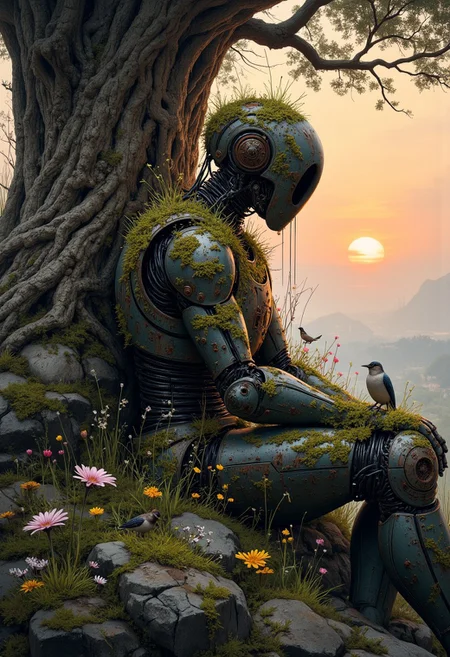 moody, smooth and dramatic oil painting of a rusty steel android covered with moss grass, sitting birds and flowers, sitting under a tree, a beautiful sunset is visible in the background, side shot, focus on the upper body, visible brushstrokes, atmospheric haze, pastel palette, low key, moody lighting
<lora:FluxMythP0rtr4itStyle:0.6> mythp0rt
<lora:aidmaMJ6.1v0.4:0.6> <lora:Elden_Ring_-_Yoshitaka_Amano:0.33> aidmaMJ6.1