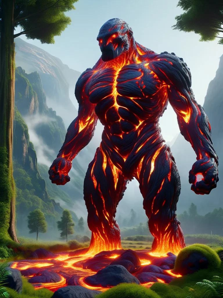 a lava rock golem, rocky head, bulky, extra long arms, rough texture, standing, (from below), mountains, valley,, fiction, fantasy, <lora:ral-lava:1> ral-lava