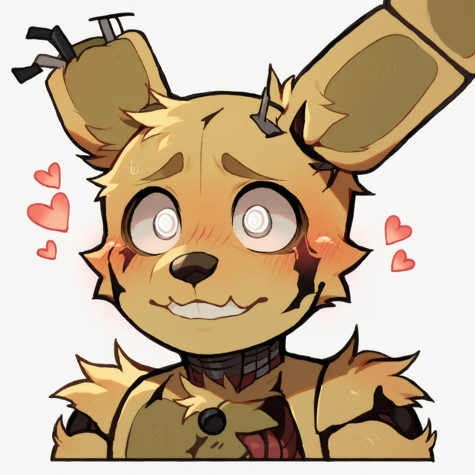 score_9, score_8_up, score_7_up, Emote, high quality, high res, solo, highly detailed face, white background, chibi, upper body close up, fur, male focus, (springtrap), white eyes, blush, shy, hearts, cute, looking sideway <lora:ponyemotexl:0.74> <lora:Springtrap_v4:0.98>