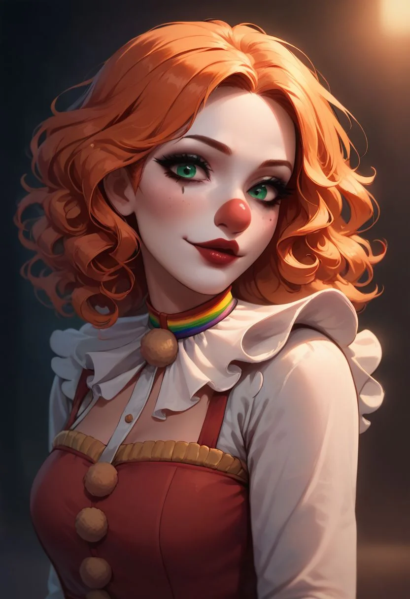 (((beautiful, high quality))), upper Body, score_9, score_8_up, score_7_up,
looking at the viewer, posing,
Clown, Clown makeup, clown costume, colorful clown costume, red clown nose, 1girl, ginger curly hair, green eyes,
dark background, blurred background,
