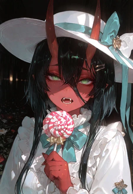 masterpiece, best quality, good quality, newest, highres, absurdres, volumetric lighting,gradient color,
BREAK
raytracing, volumetric lighting, ambient occlusion, girl, luminescent background, masterpiece, best quality, very awa, absurdres,
BREAK
Aka-Oni, oni, colored skin, (red skin:1.3), straight horns, solo, long hair, model style,
evil eyes, evil, bullying, sinister,
BREAK
masterpiece,amazing quality,best quality,ultra-detailed,8K,illustration,CG,shiny hair,clear skin,ultra-detailed-eyes, background,cute girl, eyelashes
BREAK,
hairclip, short hair, open mouth, bow, holding, hair between eyes, 1girl, black hair, fangs, upper body, flower, hat bow, candy, frills, food, green eyes,