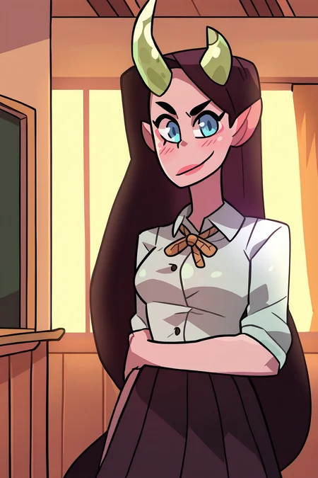 <lora:Monster_Prom:1>, Monster Prom, 1girl, solo, pointy ears, blue eyes, horns, black hair, very long hair, smirk, indoors, classroom,