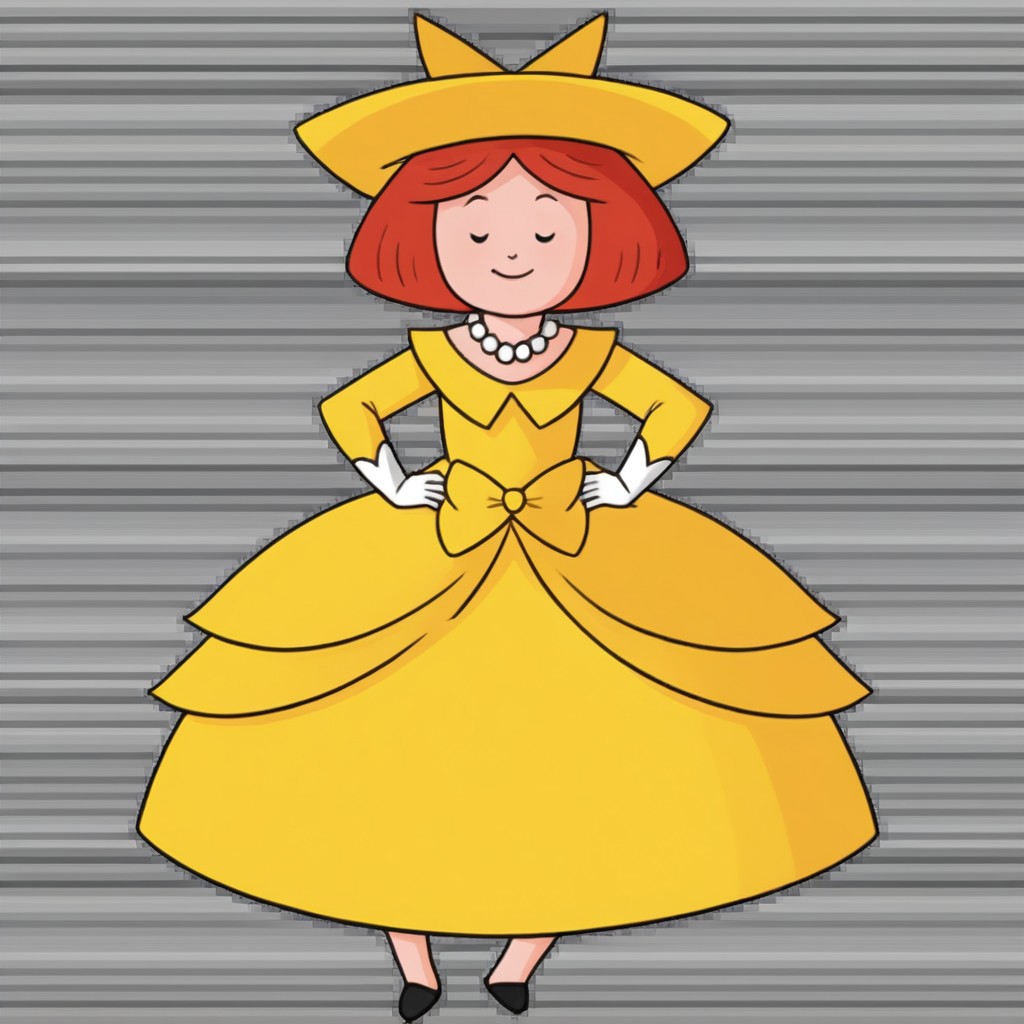 1girl, solo, Madeline, yellow hat with a black hair bow, white gloves, red hair, smile, full body, princess make up, Very long large floor length wide straight yellow tulle long sleeved ball gown hoop skirt, ball gown hoop skirt, yellow princess dress, hoopdress, white pearl necklace, long elbow length princess gloves, my big princess gypsy wedding dress, ballgown, a girl in a dress posing like a princess for a picture, looking at viewer, pretty eyes, she is posing, hands on hips, closed mouth, closed eyes,