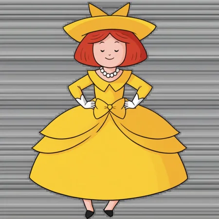 1girl, solo, Madeline, yellow hat with a black hair bow, white gloves, red hair, smile, full body, princess make up, Very long large floor length wide straight yellow tulle long sleeved ball gown hoop skirt, ball gown hoop skirt, yellow princess dress, hoopdress, white pearl necklace, long elbow length princess gloves, my big princess gypsy wedding dress, ballgown, a girl in a dress posing like a princess for a picture, looking at viewer, pretty eyes, she is posing, hands on hips, closed mouth, closed eyes,
