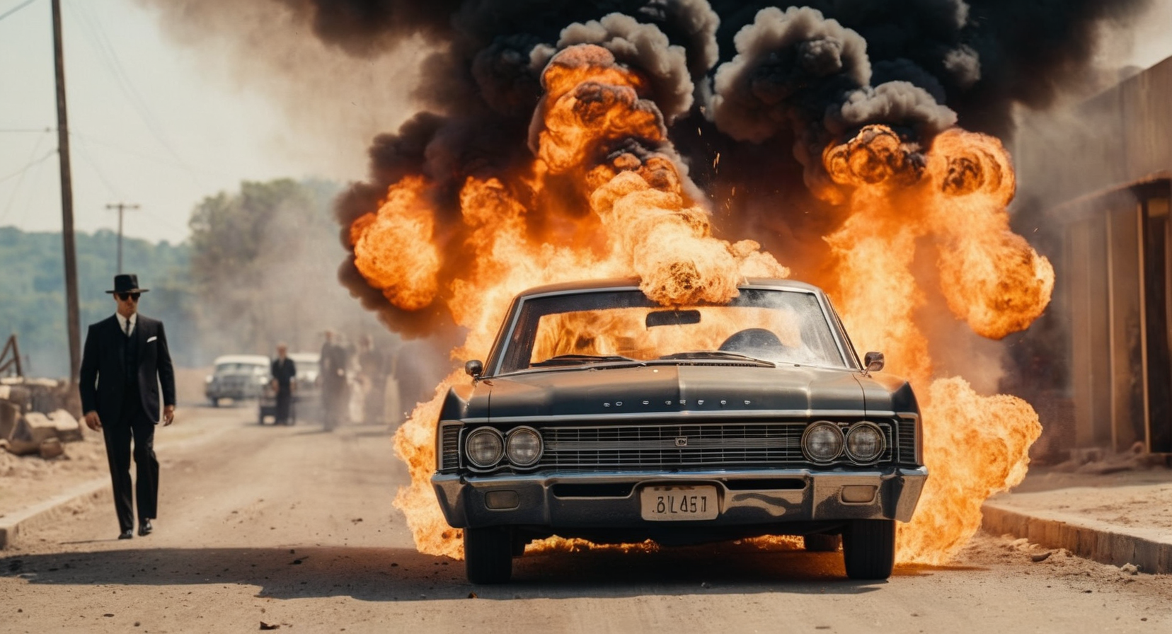 cinematic film still of  <lora:The Godfather Film Style:1.2>
an exploding car with a skeleton on it surrounded by smoke and fire The Godfather Film Style , shallow depth of field, vignette, highly detailed, high budget, bokeh, cinemascope, moody, epic, gorgeous, film grain, grainy