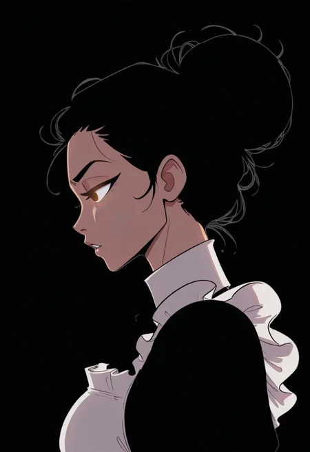 1girl, solo, female, woman
side profile, parted lips, striking eyes, 
maid, french maid, backlit, messy hairbun, 
blend_in. black background,