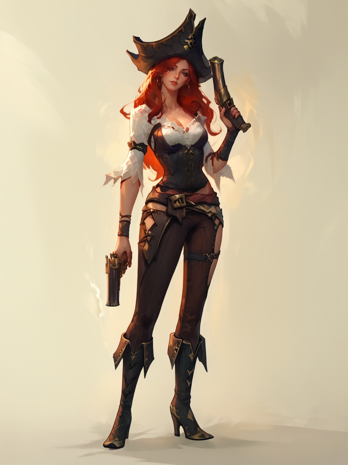 score_9, score_8_up, score_7_up, MissFortuneNormal, 1girl, red long hair, solo, black corset, white shirt, pants, white bracers, pistols, boots, hat, wodeipoi <lora:MFNormal:1> <lora:wodeipoi:1>
