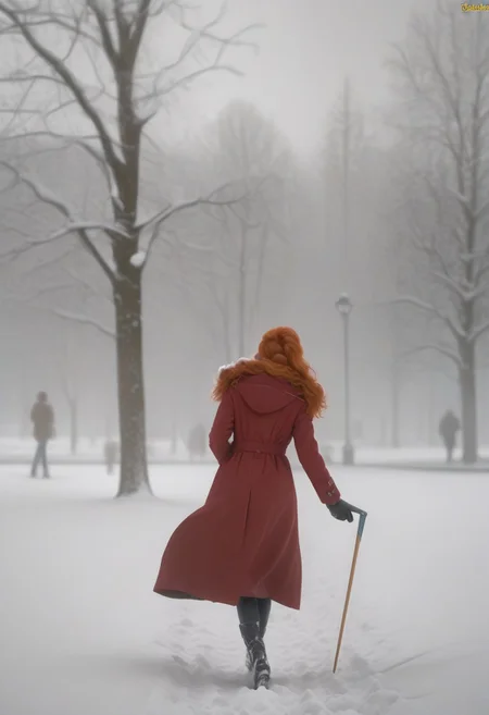 em5588, best illustration, illustration, masterpiece, best quality, ultra-detailed, photo of beautiful woman ,seductive, red hair.coat ,in the park, Winter, snow , masterpiece) (best quality) (detailed) (8k) (HDR) (wallpaper) (cinematic lighting) (sharp focus) (intricate) footpin, sex from behind