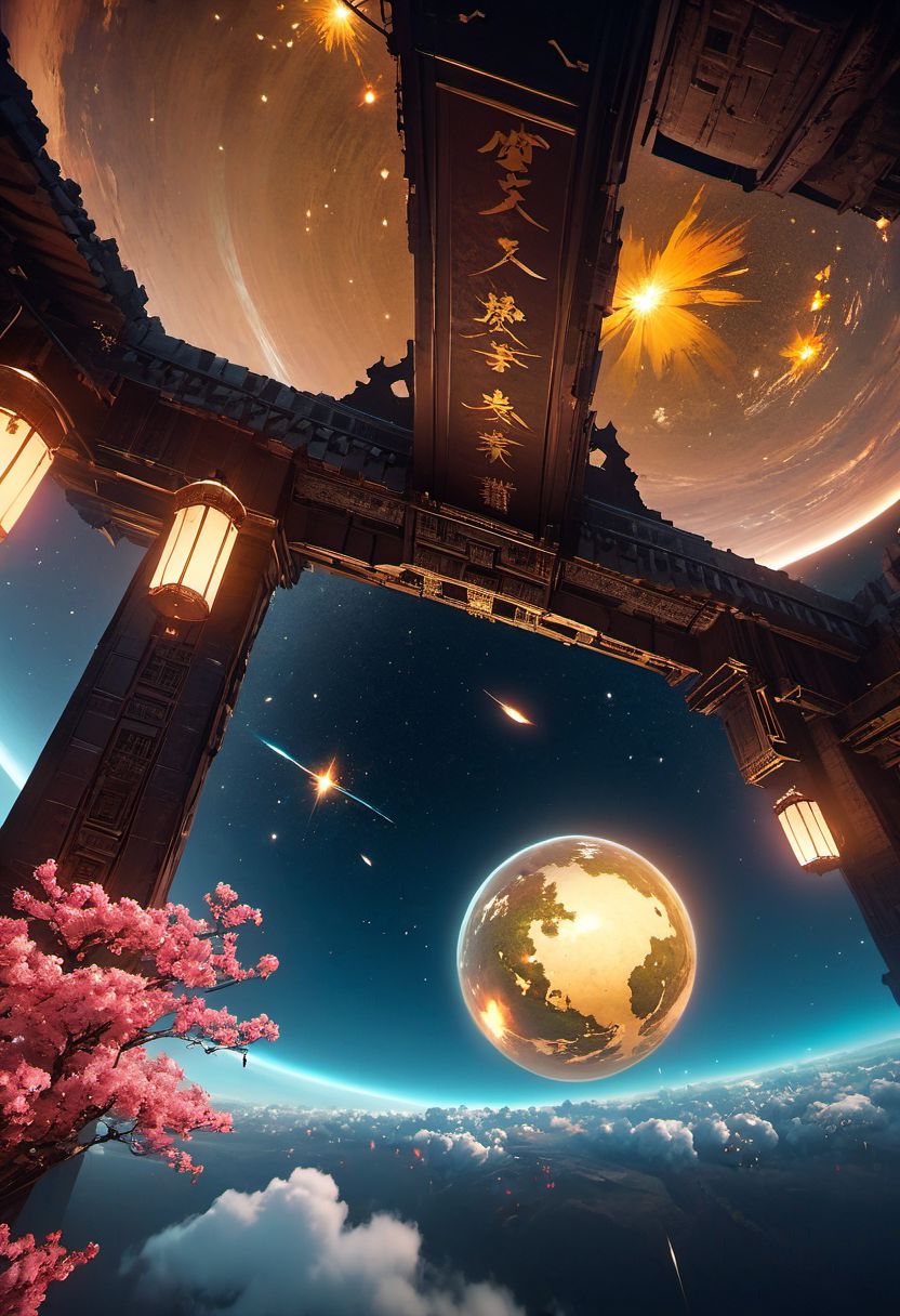 WLOP art style, Ancient,apocalypse,  unreal engine 5 style, star war, outdoors, The castle floating in the air, outer space planet, sky gate,  human, bulding night, meteor aurora , flower, top-down view, firefly -ar 9:16, high saturation, high contract, gold silver