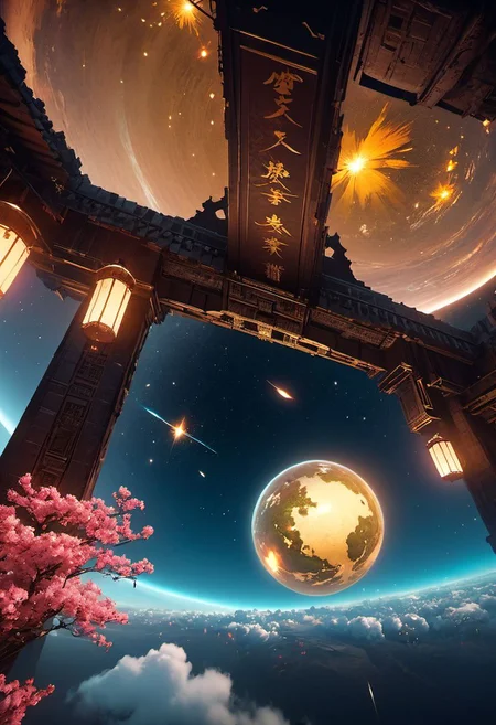 WLOP art style, Ancient,apocalypse,  unreal engine 5 style, star war, outdoors, The castle floating in the air, outer space planet, sky gate,  human, bulding night, meteor aurora , flower, top-down view, firefly -ar 9:16, high saturation, high contract, gold silver