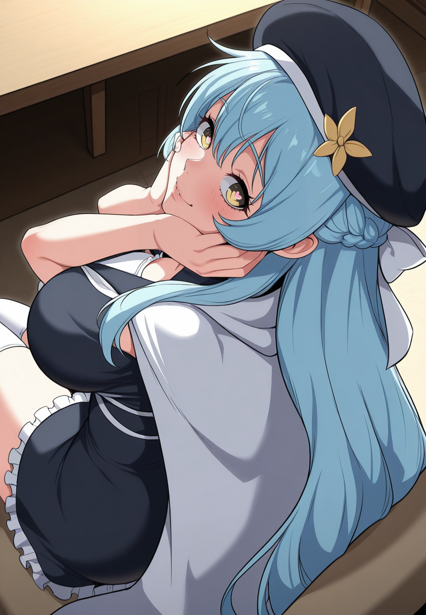 zPDXL3, score_9_up, score_8_up, score_7_up, ,Masterpiece,(perfect female body:1.2), small waist, (incredibly detailed:1.4), beautiful fingers, (large breasts:1.4)  huge breasts, <lora:Marie_Dunarev_-_I_Killed_the_Player_of_the_Academy-Kaleid-Illustrious:1> mariedunarev, 1girl, long hair, yellow eyes, blue hair, braid, beret, dress, cape, sailor dress, frilled dress, thighhighs, hair bow, looking back, leaning back, sitting, from above, looking at viewer, looking above, blushed, heart-shaped pupils, happy, hands on own face, indoors,