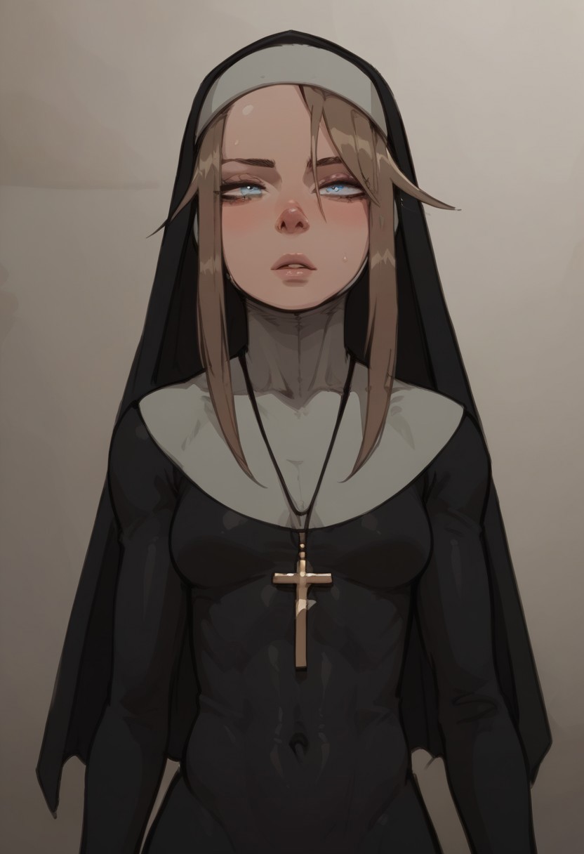 score_9, score_8_up, score_7_up,toned body,perky breasts,shiny skin,elegant woman,perky breasts,Gardie, brown hair, blue eyes, habit, nun , nun dress, cross necklace,in a sports gym