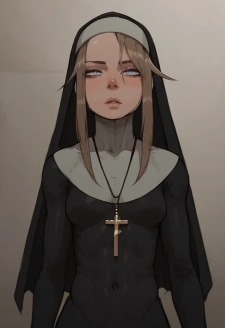 score_9, score_8_up, score_7_up,toned body,perky breasts,shiny skin,elegant woman,perky breasts,Gardie, brown hair, blue eyes, habit, nun , nun dress, cross necklace,in a sports gym