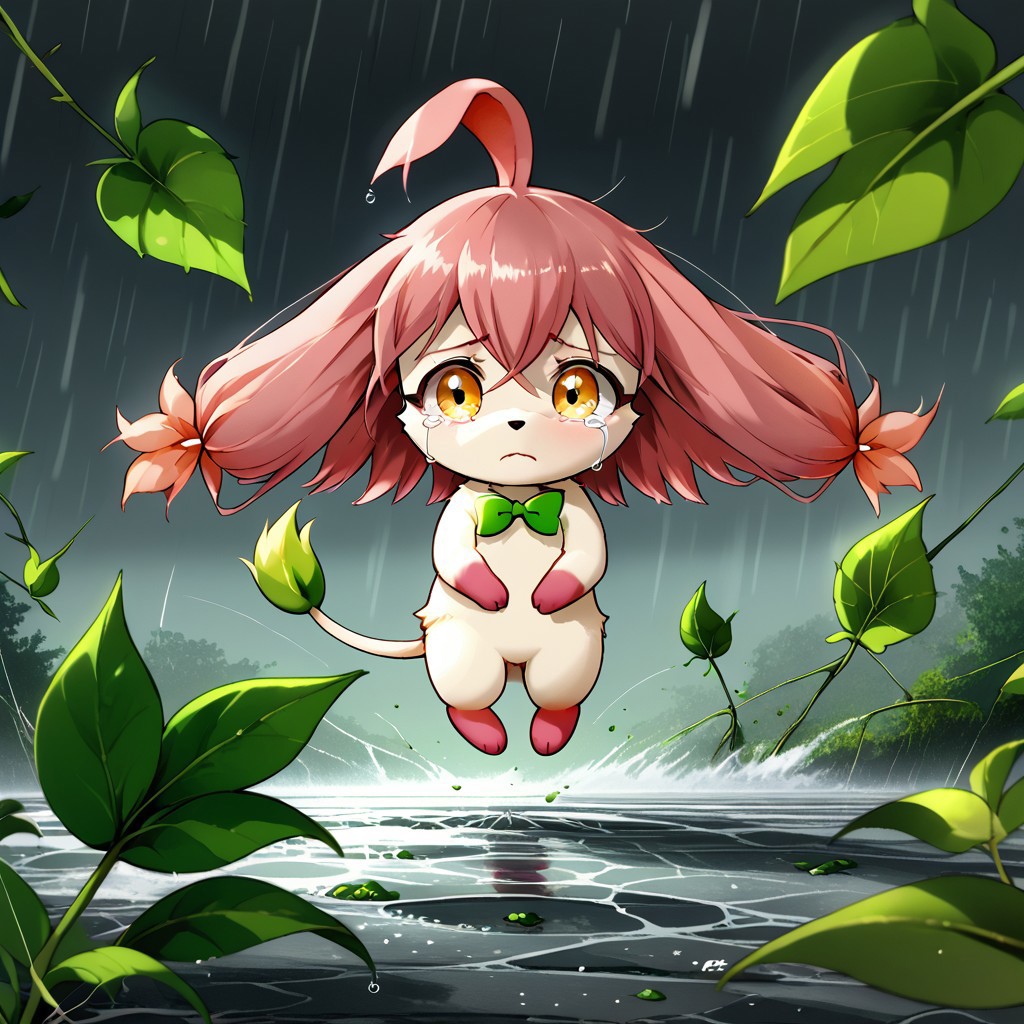 Flopie, cartoon, anime, furry, chibi, pink hair, green leaf bowtie, tail with bushy leaf tip, crying, sad, being caught in a hurricane, storm, blown away, flailing, tornado, flopie caught in the tornado, detail1eye, menacing tornado coming for flopie