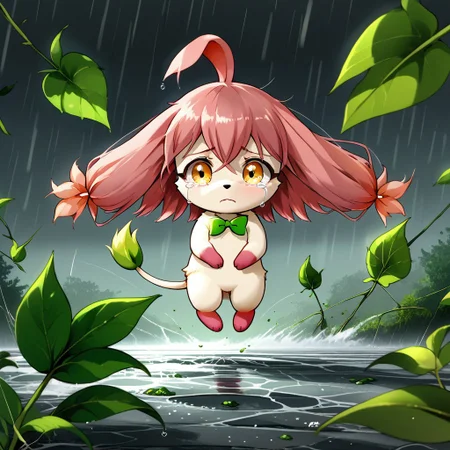 Flopie, cartoon, anime, furry, chibi, pink hair, green leaf bowtie, tail with bushy leaf tip, crying, sad, being caught in a hurricane, storm, blown away, flailing, tornado, flopie caught in the tornado, detail1eye, menacing tornado coming for flopie