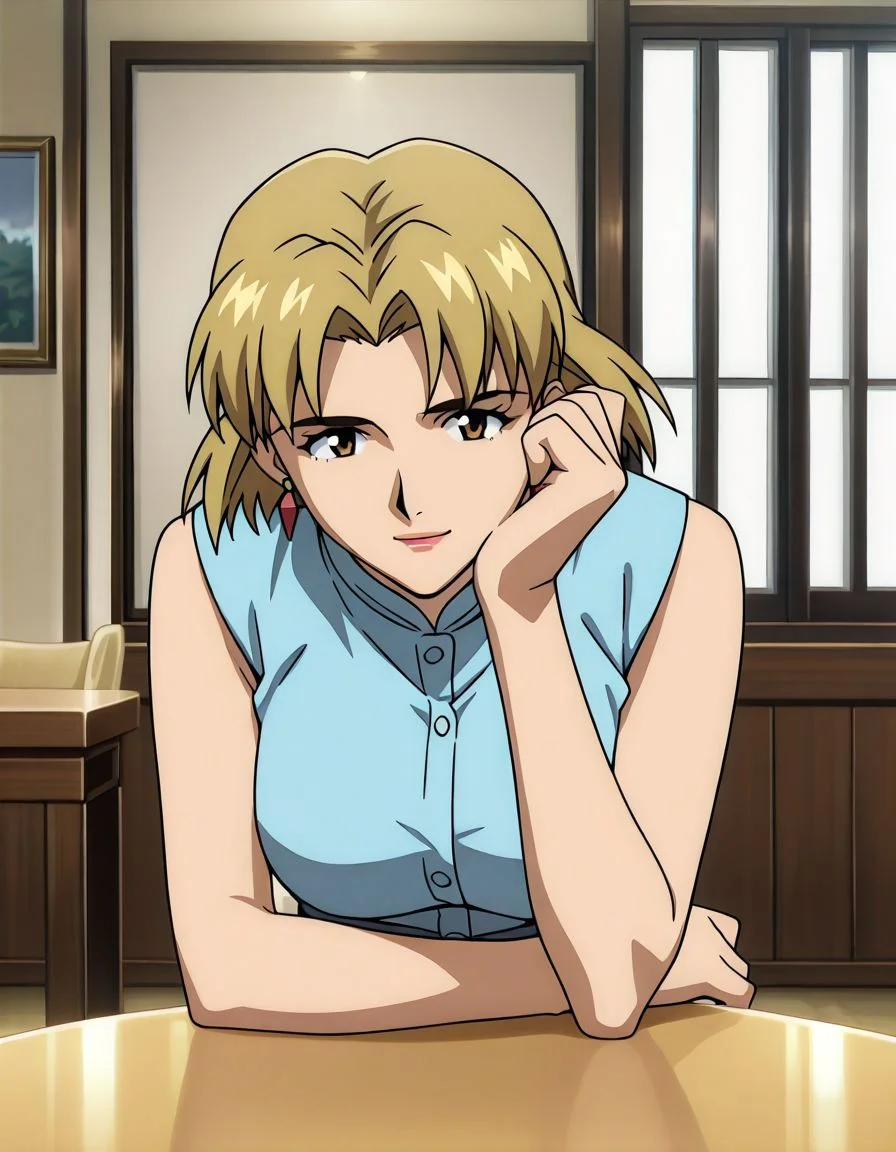 1girl, solo, masterpiece, reb1
, akagi ritsuko
, casual, sleeveless
, (light smile:0.6)
, table, sitting, indoors
, (looking at viewer:0.6)
, (anime screenshot:0.7)
<lora:monogatari_eva:1>