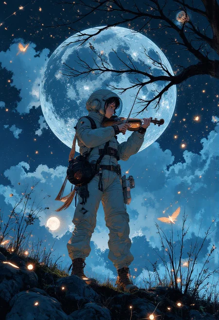 vibrant, highly detailed, award-winning, professional. a An Astronaut playing a violing on the moon with planet earth on the background. anime artwork, anime style, studio anime